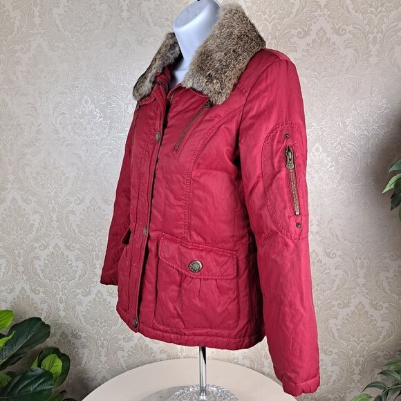 Hampsheer Size Medium Red Puffy Jacket Full Zip Detacheable Fur Collar EUC - Picture 4 of 16